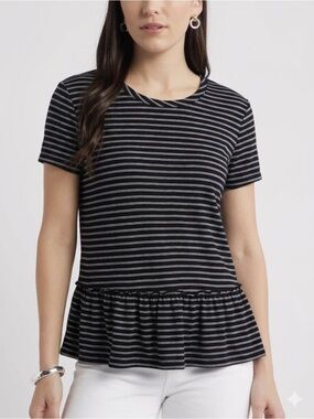 Caslon NEW Peplum Striped Crew Black White Long Sleeve Top XL Pullover Babydoll